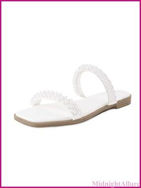Pearl Strap Flat Slide Sandals Women Slip On Square Open Toe